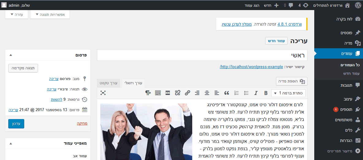 פאנל הניהול וורדפרס