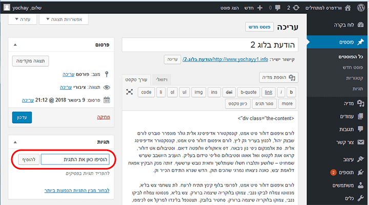 הוספה של תגית בוורדפרס