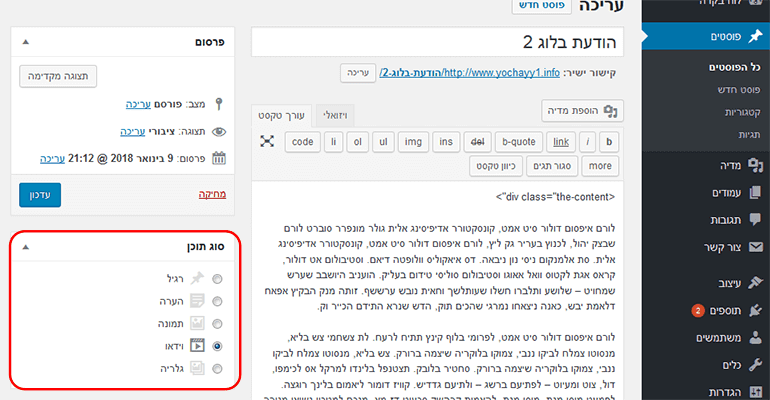 בחירת סוג תוכן לפוסט בוורדפרס