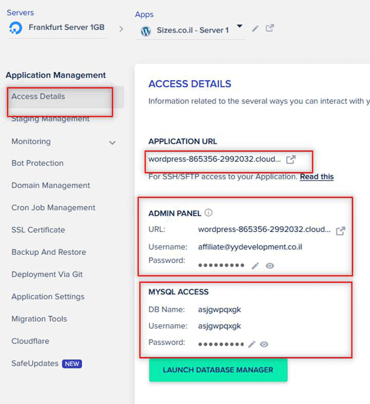 cloudways-hosting-access-details הגדרות שרת והתקנה של קלאודוויז